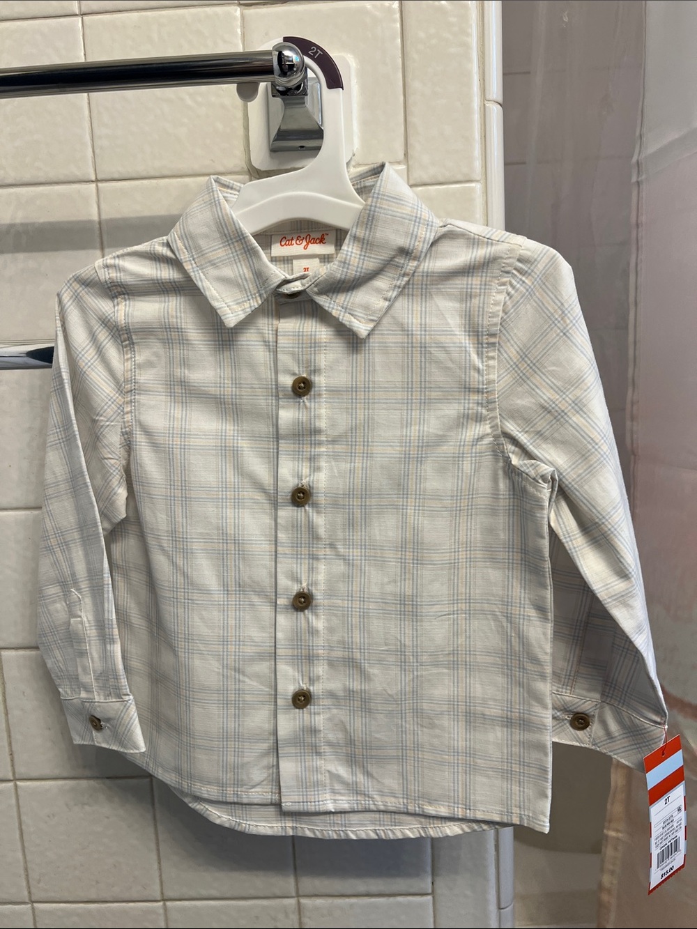 Cat & Jack Boys' White Plaid Button-Down Shirt with Light Blue Lines